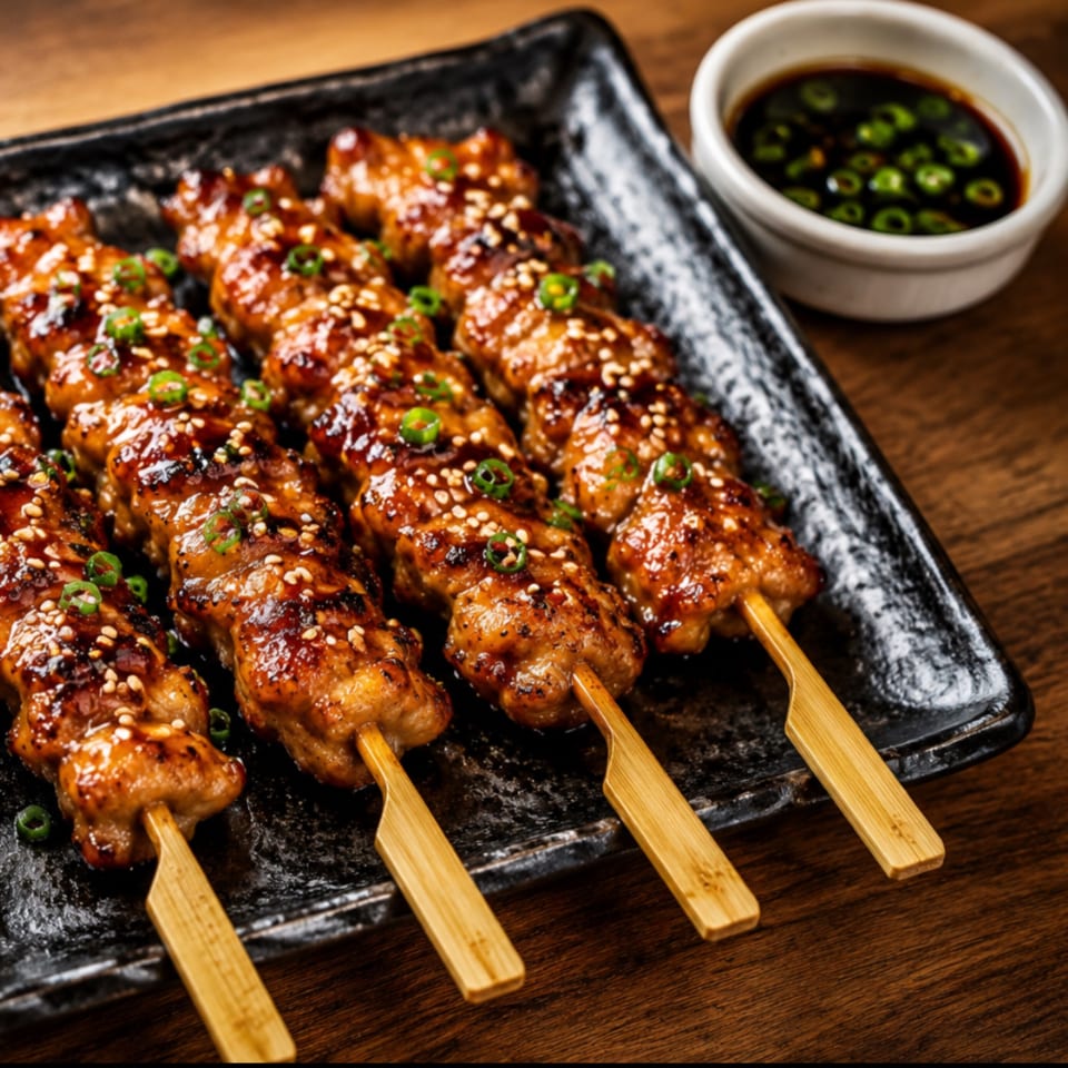 Five chicken skewers with teriyaki glaze, sesame seeds, and green onions on a black plate.