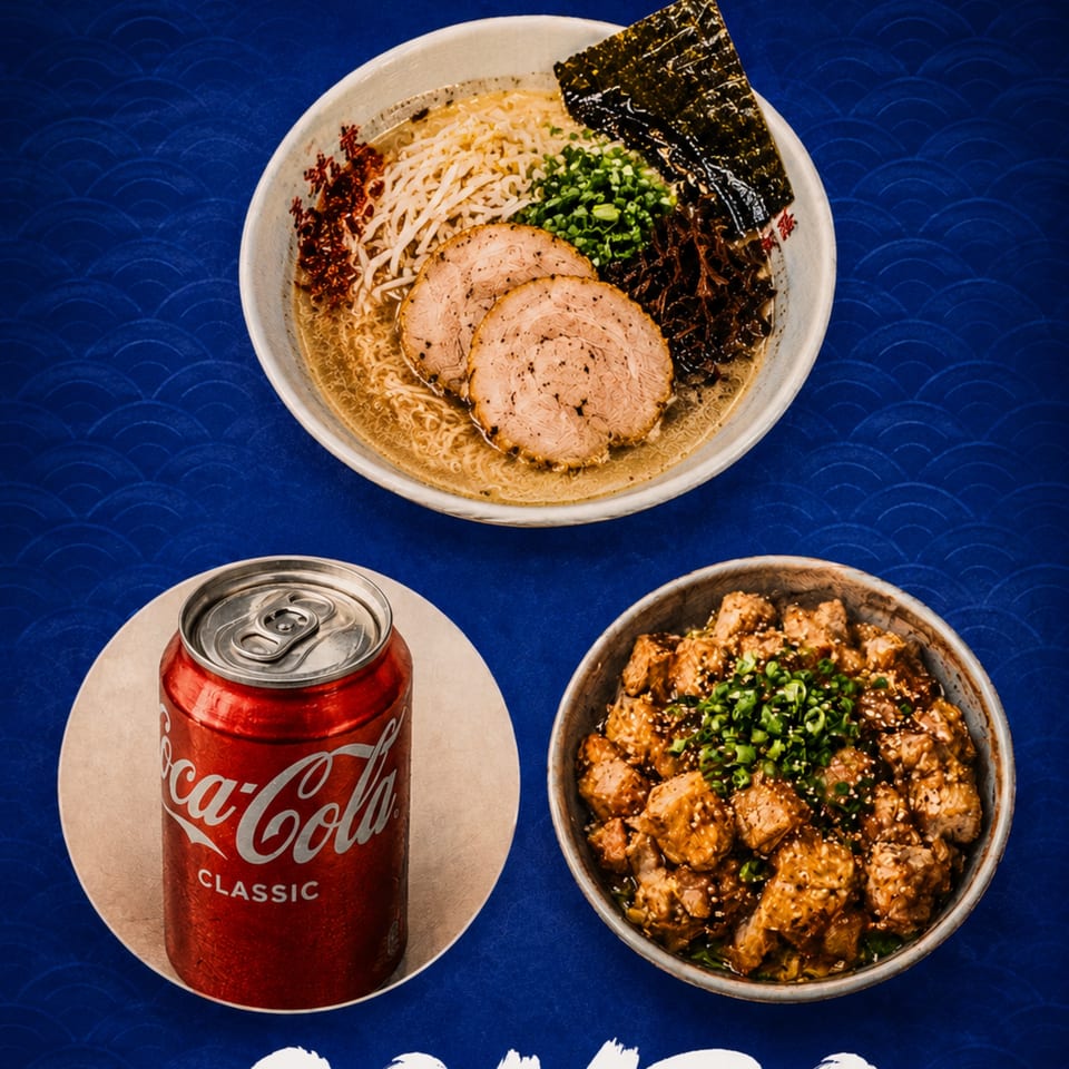 A bowl of ramen, a can of Coca-Cola, and a bowl of chicken on a blue patterned background.