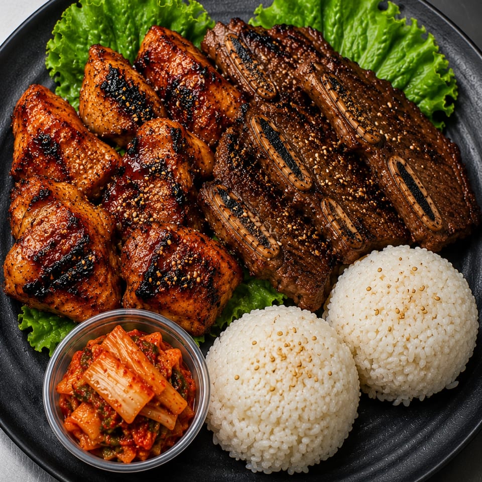 Grilled chicken and beef ribs with rice and kimchi on a black plate.