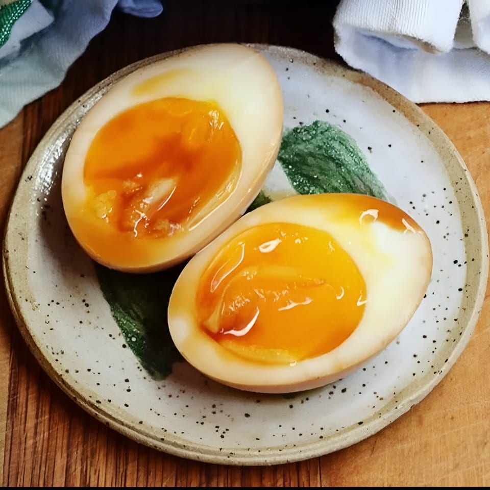 Two perfectly halved ramen eggs with rich orange yolks on a speckled ceramic plate.