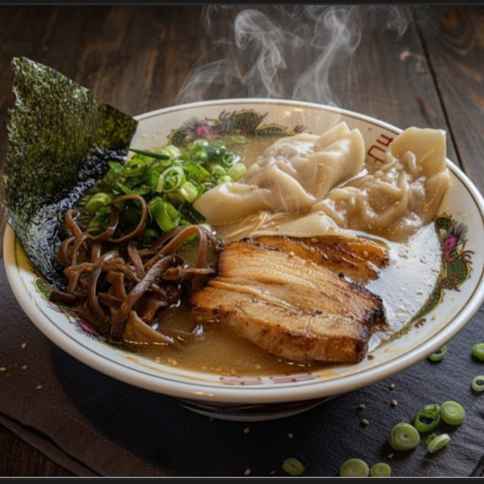 Steaming bowl of ramen with pork belly, wontons, seaweed, and green onions on a dark wooden table.