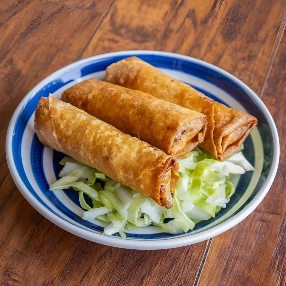 Three crispy fried spring rolls on a bed of shredded lettuce in a blue and white striped bowl.